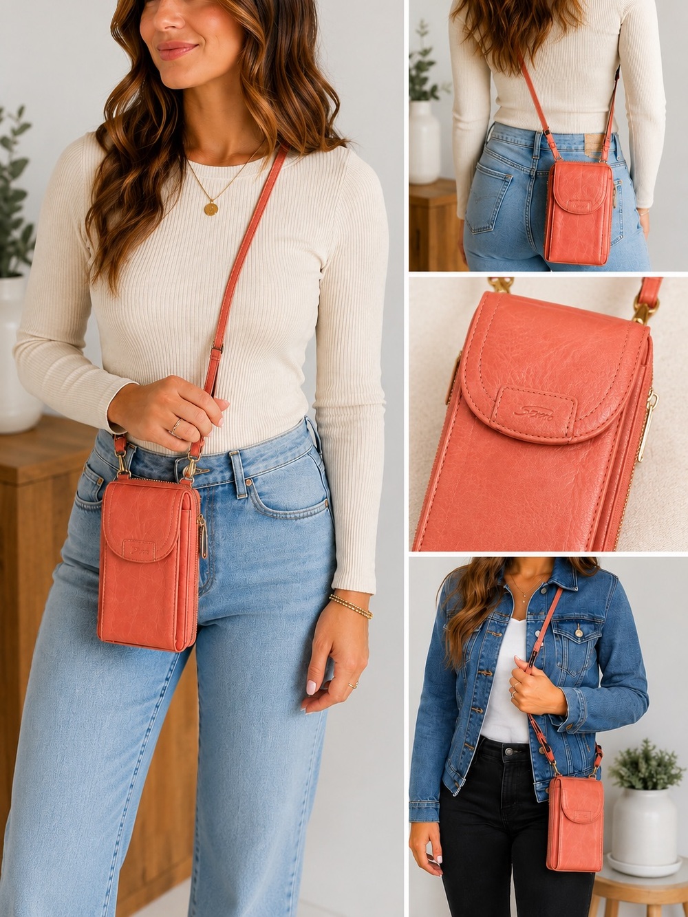 Coral Phone Crossbody Wallet Purse Adjustable Strap Zip Around Organizer Bag